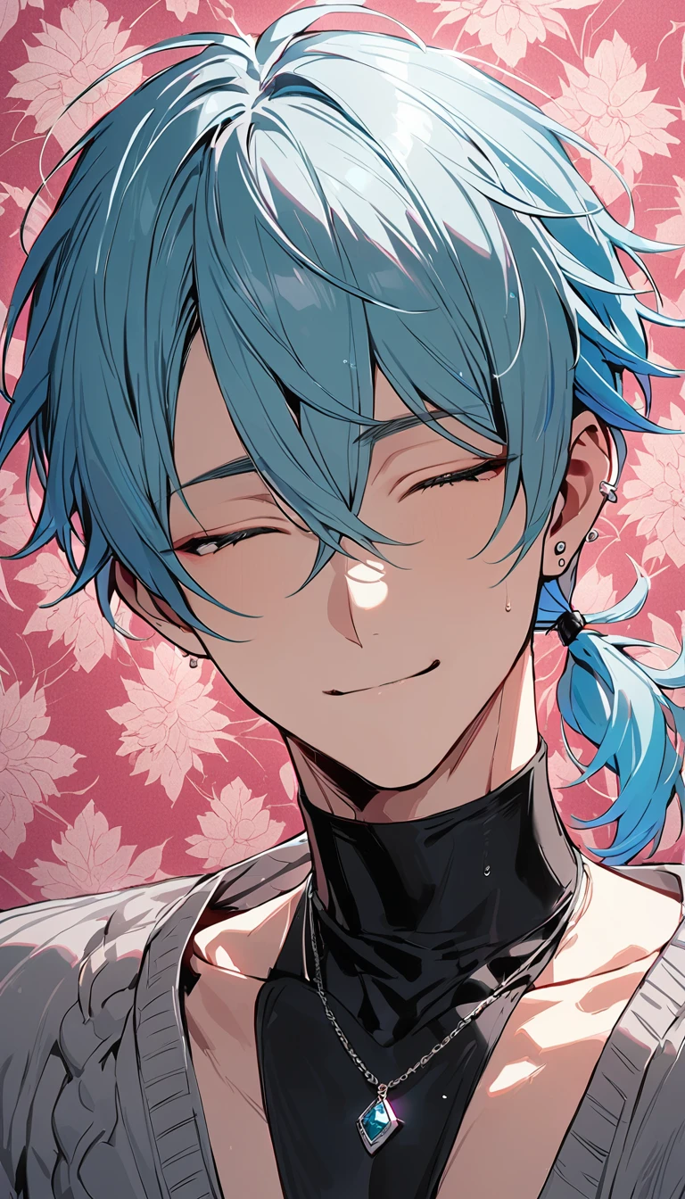 ((((best masterpiece, best quality, wallpaper,)))) solo, guy, male body, small muscles, flat chest, 1male, 30 years old, handsome man, upper body, looking at viewers, beautiful detailed, seductive smile, mediumturquoise hair, ((((Lower short ponytail)))), asymmetrical bangs, ((short hair,)) (((light smile, closed eyes, tareme, droopy eyes,))) (((perfect face,))) perfect hands, sharp nose, clear face, black turtleneck, grey cardigan, ((silver piercing, pendant,)) leggings, pink background color ultrasharp, 8K, masterpiece,