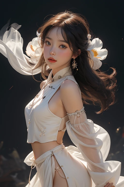 weathering, One girl, alone, Hanfu, Ancient_Chinese_architecture, flower畑, flower, (White smoke:1.3) (Realistic:1.4), zIntertwined, Mandala, Intertwined, Official Art, unity 8k wallpaper, Super detailed, beautifully、aesthetic, masterpiece,Highest quality, (Dynamic Angle:1.4), Glowing Skin, (Floating colorful sparkles:1) The most beautiful form of chaos, elegant, Brutalist design, Vibrant colors, Romanticism Depth of Field Exotic_dance