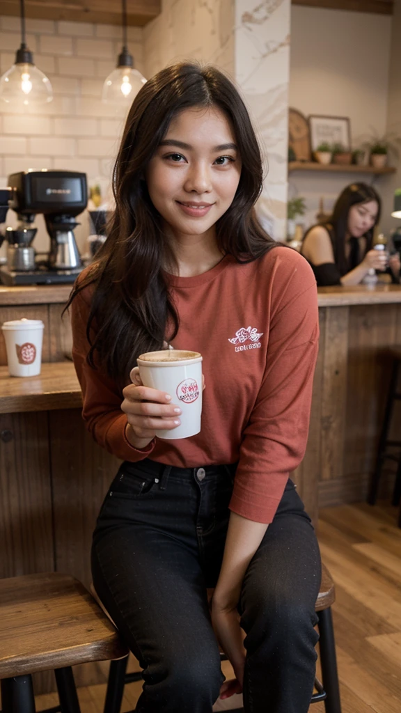 A stunningly cute 22-year-old Asian woman with smooth, glowing skin, long silky black hair, and sparkling brown eyes. She is wearing a stylish red shirt and black jeans. She is sitting in a cozy coffee shop with a cup of coffee in front of her. Her smile is warm and inviting, exuding youthful energy and charm. The background includes a warm, cozy coffee shop interior with wooden furniture and a relaxed atmosphere.