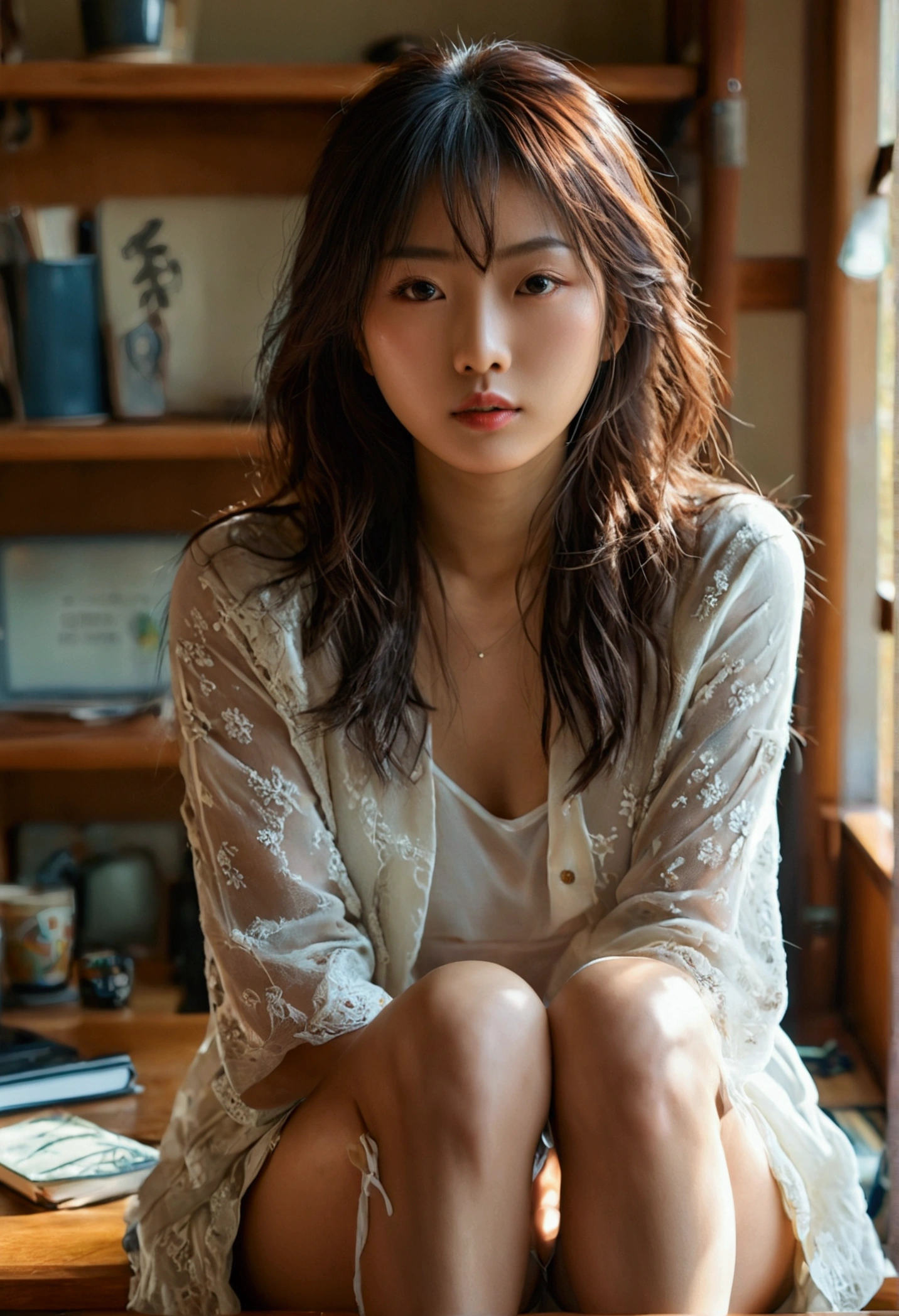 Japanese model sitting on a desk with her legs crossed