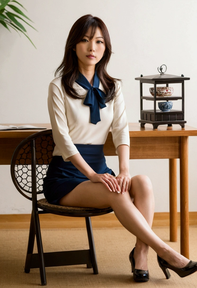 Japanese model sitting on a desk with her legs crossed