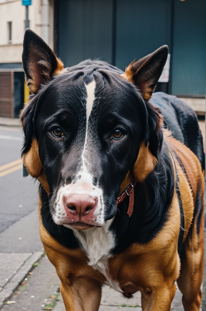 Create a street dog image where dog head like a human and bite a cow.
