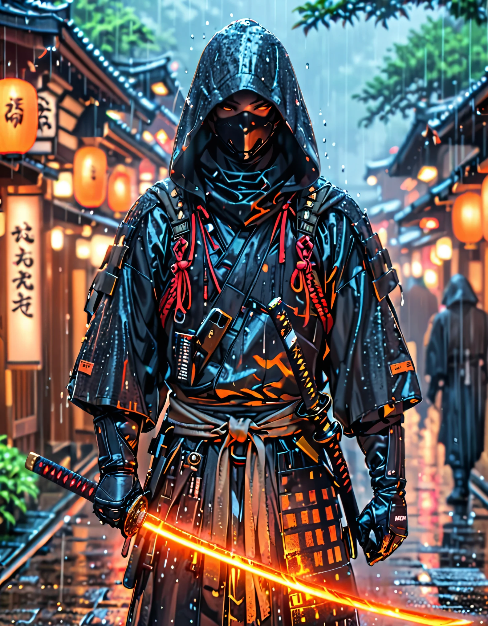 (masterpiece), (best quality), (hires), 1male, male focus, solo, solo focus, A man in a dark combat suit, covering his entire body, with a hood and black mask that covers him up to his nose and he has a Japanese katana in his hands, kyoto background, rainy atmosphere, cybernetic enhancements, dark brown eyes, cowboy shot, complete fingers, black gloves, matching boots.