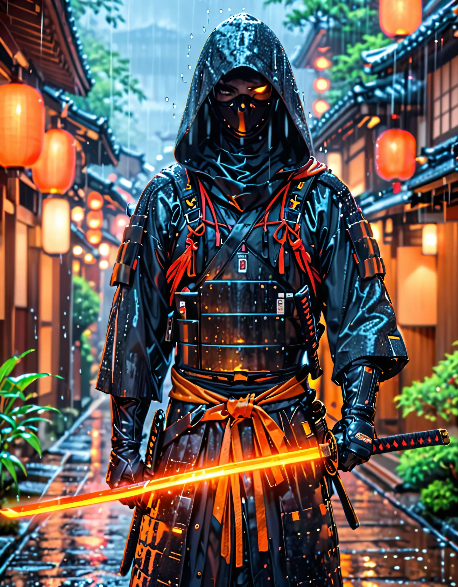 (masterpiece), (best quality), (hires), 1male, male focus, solo, solo focus, A man in a dark combat suit, covering his entire body, with a hood and black mask that covers him up to his nose and he has a Japanese katana in his hands, kyoto background, rainy atmosphere, cybernetic enhancements, dark brown eyes, cowboy shot, complete fingers, black gloves, matching boots.