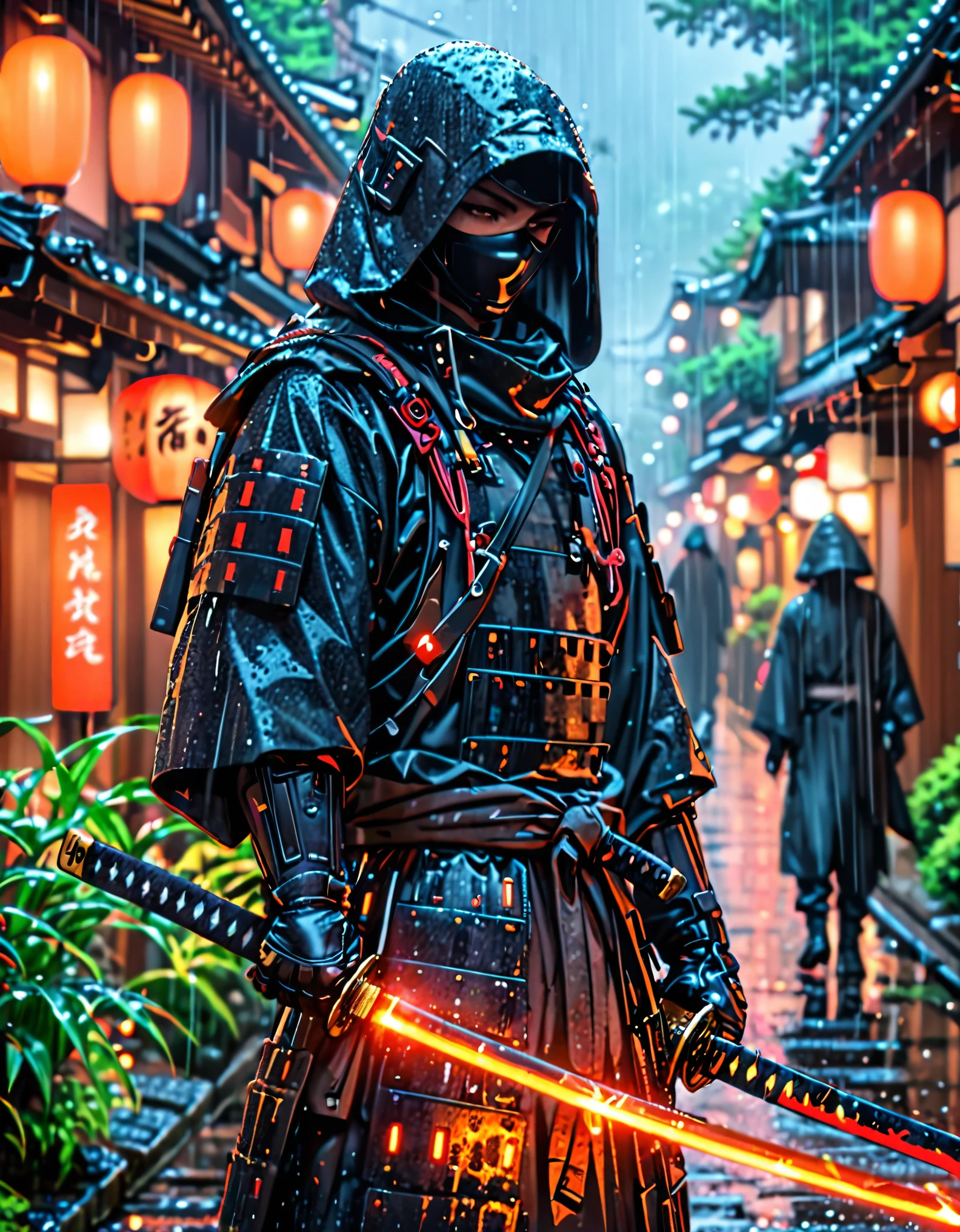 (masterpiece), (best quality), (hires), 1male, male focus, solo, solo focus, A man in a dark combat suit, covering his entire body, with a hood and black mask that covers him up to his nose and he has a Japanese katana in his hands, kyoto background, rainy atmosphere, cybernetic enhancements, dark brown eyes, cowboy shot, complete fingers, black gloves, matching boots.