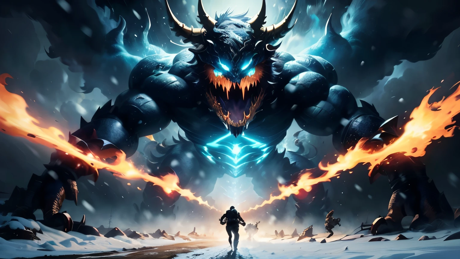 ((best quality)), ((masterpiece)), (detailed), An illustration of a chaotic scene with silhouette of monsters running in panic, a snow storm, earthquake, and complete dark in the background