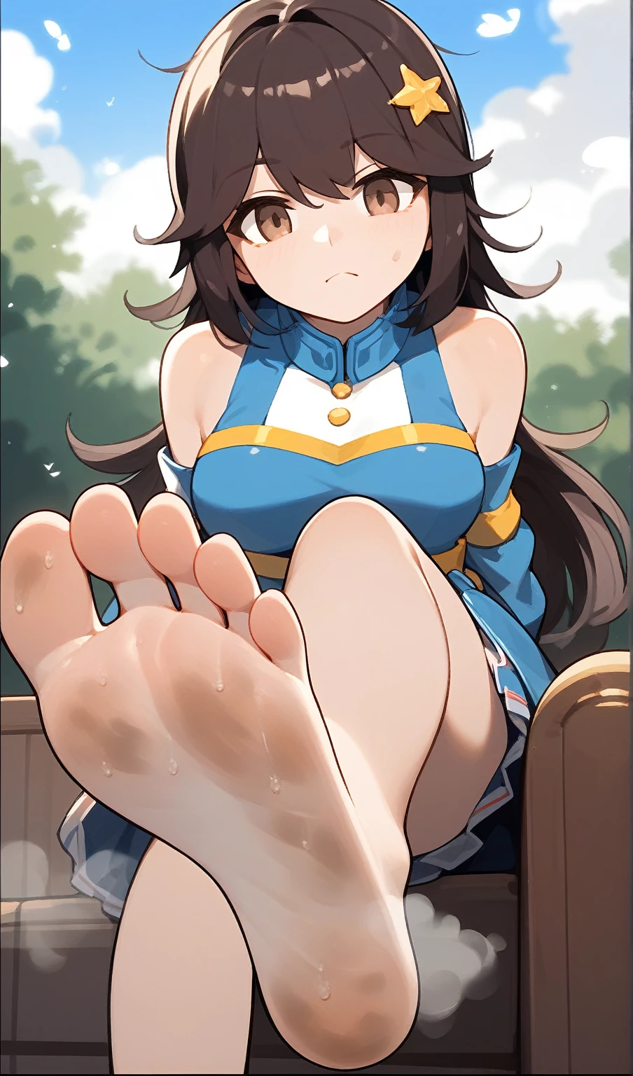 wallpaper, best quality, highly detailed, masterpiece, ultra-detailed, illustration, day,[[[artist:rakia_(ds00309) ]]],foot focus,,  scowl, barefoot, dirty feet,smelly feet,steam around feet,, satsuki_(kancolle)