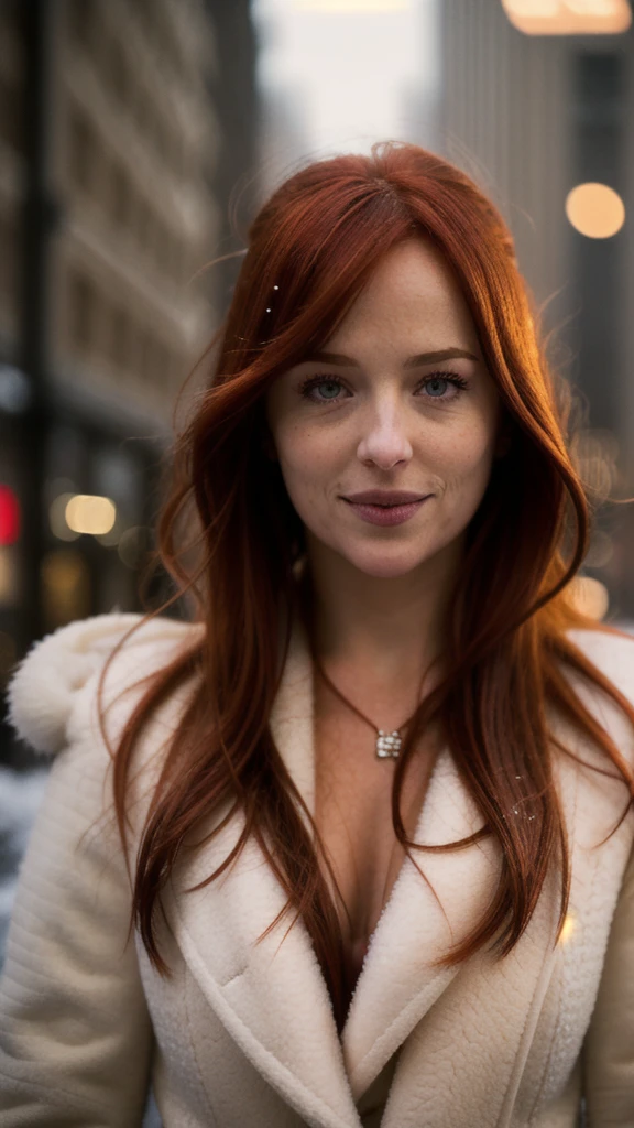 dkjt,long red hair,close up,Masterpiece,snow,city street,bokeh,DOF,Very detailed,soft lighting,volumetric lighting,film grain,cinematographic