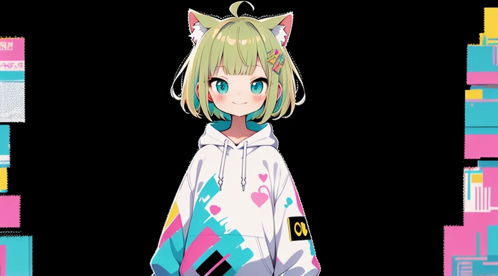 Blonde、Pink hoodie、high quality、Colorful color palette、high resolution、pretty girl、 Pink hoodie、An unprecedented number of draws、Anime Style、Geometric background、Sticker Style、short hair、Blonde、Turquoise Eyes, Messy Hair, Pink hoodie、Cat ears of the same color as the hair、front, Hands posing, Until death, Bondage, Baggy clothes