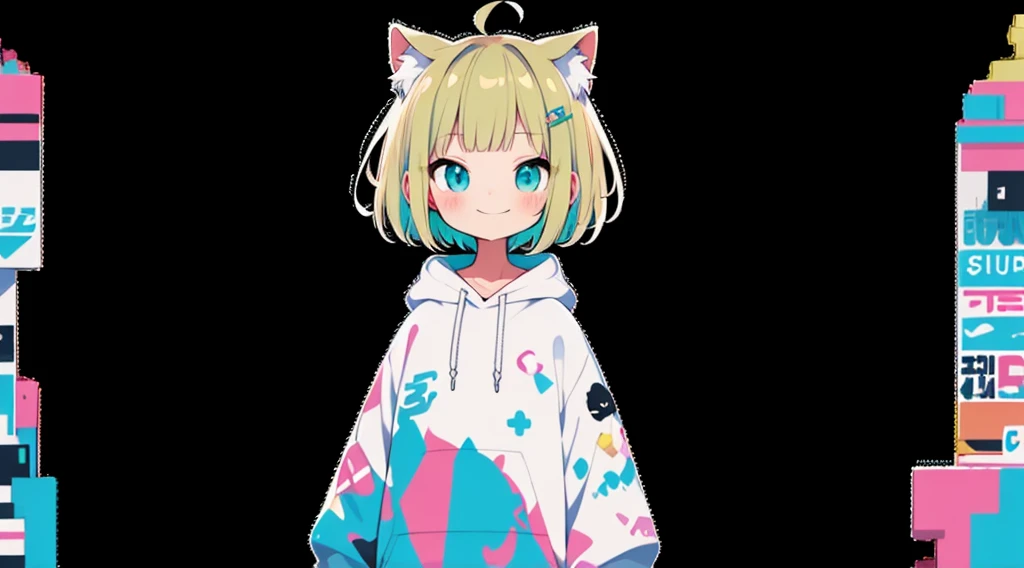 Blonde、Pink hoodie、high quality、Colorful color palette、high resolution、pretty girl、 Pink hoodie、An unprecedented number of draws、Anime Style、Geometric background、Sticker Style、short hair、Blonde、Turquoise Eyes, Messy Hair, Pink hoodie、Cat ears of the same color as the hair、front, Hands posing, Until death, Bondage, Baggy clothes