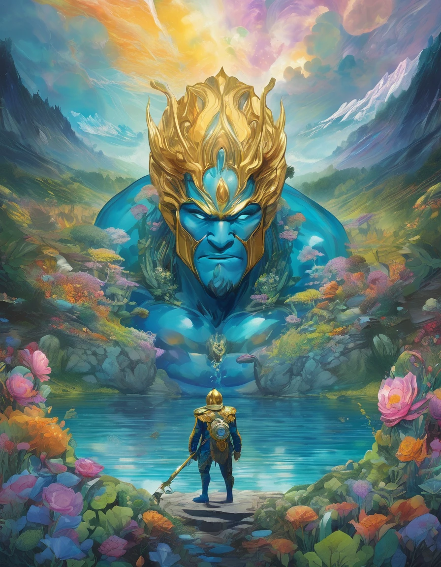 In the center of the scene A a blue jacket man with blue jacket walk into a Titans open mouth, behemoth rocks and gold Titan bust with mouth open resting in the center of a water mirror, the Titan head has moss-vegetaion and flowers. thick wavy Brush strokes, Digital illustration. brush strokes, watercolor, pastel color palette, golden rays and beautiful landscape, surreal phychadelic art, dreamy atmosphere, rainbow waves, oniric Theme, Peaceful environment, close up