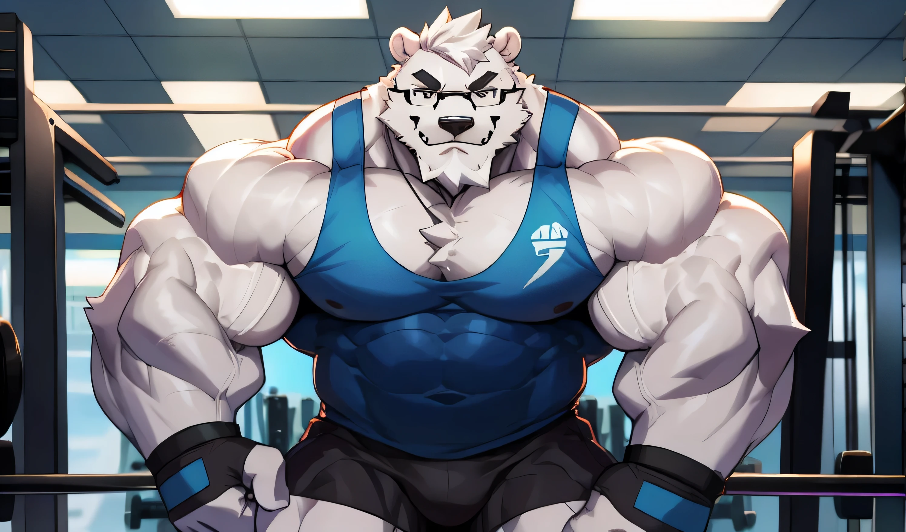 solo, 1boy, Huge Muscular White Polar Bear wearing glasses, huge white fur, pectoral, huge pectoral, wide pectoral, short white hair, black short pants, black wristbands and blue colored tank top, white bearded, white Mustache, white fur, black eyebrows, gym fitness center background, masterpiece, high detailed, 8k, high resolution, at the gym, flexes huge thorax, looking at the viewer, acting all hunk