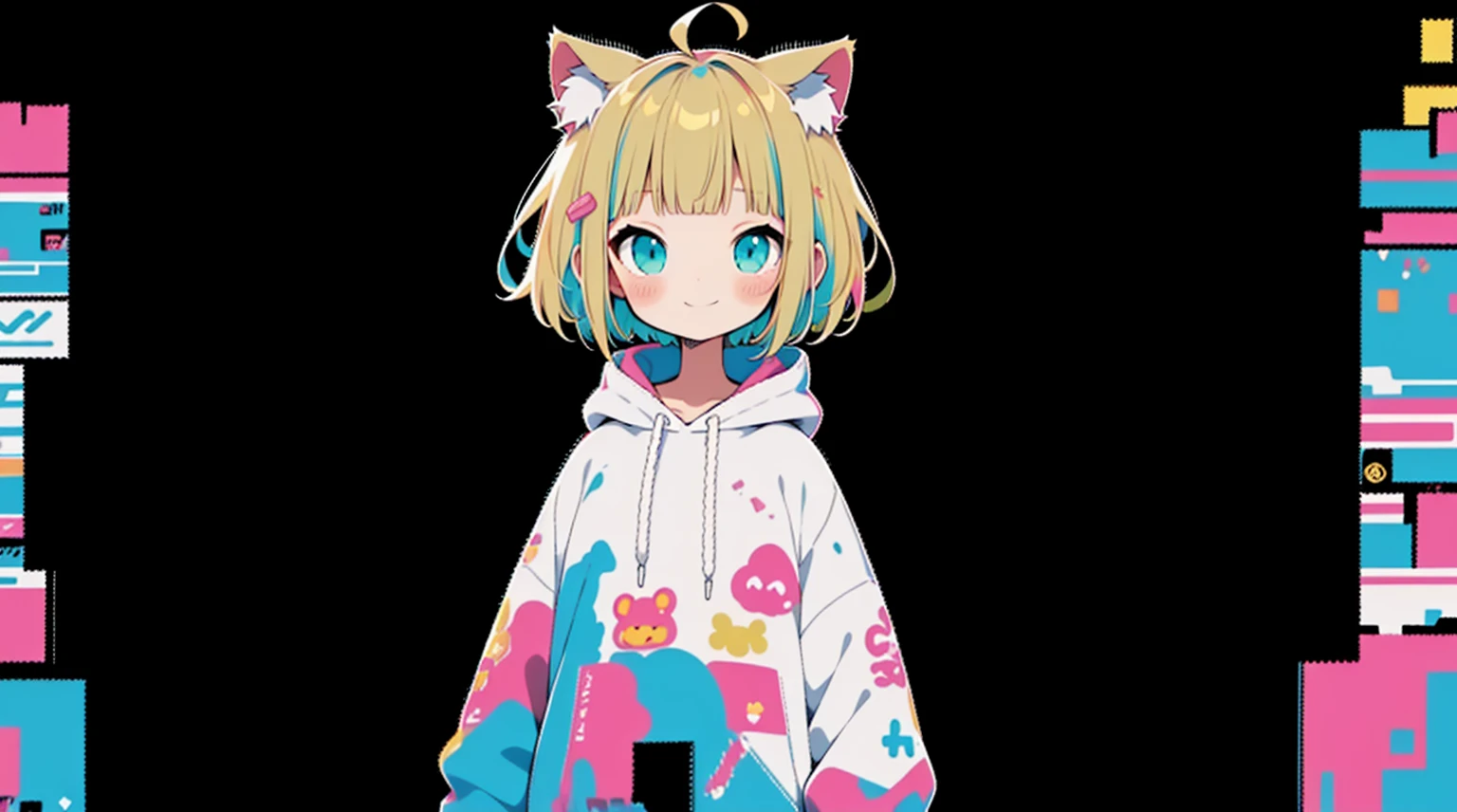 Blonde、Pink hoodie、high quality、Colorful color palette、high resolution、pretty girl、 Pink hoodie、An unprecedented number of draws、Anime Style、Geometric background、Sticker Style、short hair、Blonde、Turquoise Eyes, Messy Hair, Pink hoodie、Cat ears of the same color as the hair、front, Hands posing, Until death, Bondage, Baggy clothes