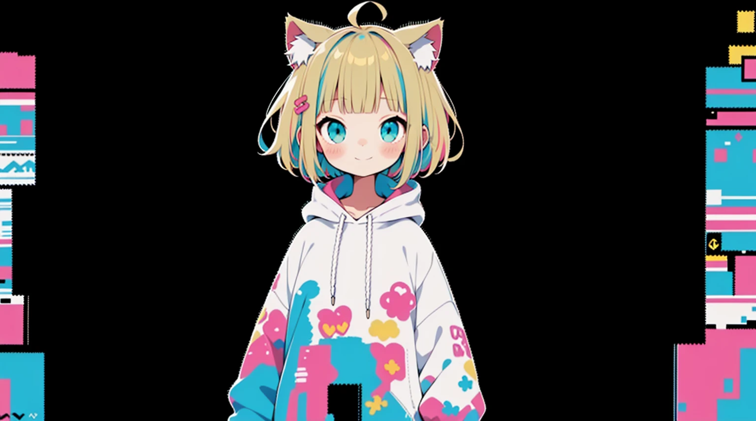 Blonde、Pink hoodie、high quality、Colorful color palette、high resolution、pretty girl、 Pink hoodie、An unprecedented number of draws、Anime Style、Geometric background、Sticker Style、short hair、Blonde、Turquoise Eyes, Messy Hair, Pink hoodie、Cat ears of the same color as the hair、front, Hands posing, Until death, Bondage, Baggy clothes