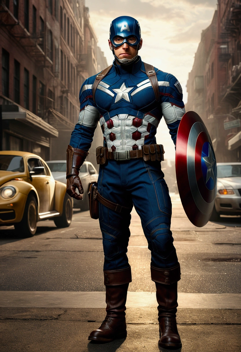 full body photo of Captain America with the face identical to actor Anthony Mackie in white and gold armor style suit, without mask, white cape, looking at the central camera, perfect composition, beautiful detailed intricate insanely detailed octane render trends on ArtStation, Photography artistic 8k, photorealistic conceptual art, soft natural volumetric cinematic perfect light, chiaroscuro, award-winning photography, Artwork, oil on canvas, Raphael, Caravaggio, Greg Rutkowski, Beetle, Beksinski, Giger, trends on ArtStation, sharp focus, photo studio, Intricate details, highly detailed, night city background, by Greg Rutkowski