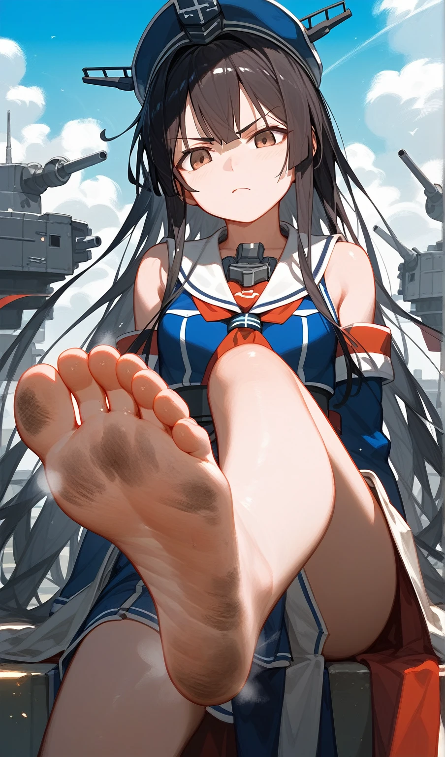 wallpaper, best quality, highly detailed, masterpiece, ultra-detailed, illustration, day,[[[artist:rakia_(ds00309) ]]],foot focus,,  scowl, barefoot, dirty feet,smelly feet,steam around feet,, satsuki_(kancolle)