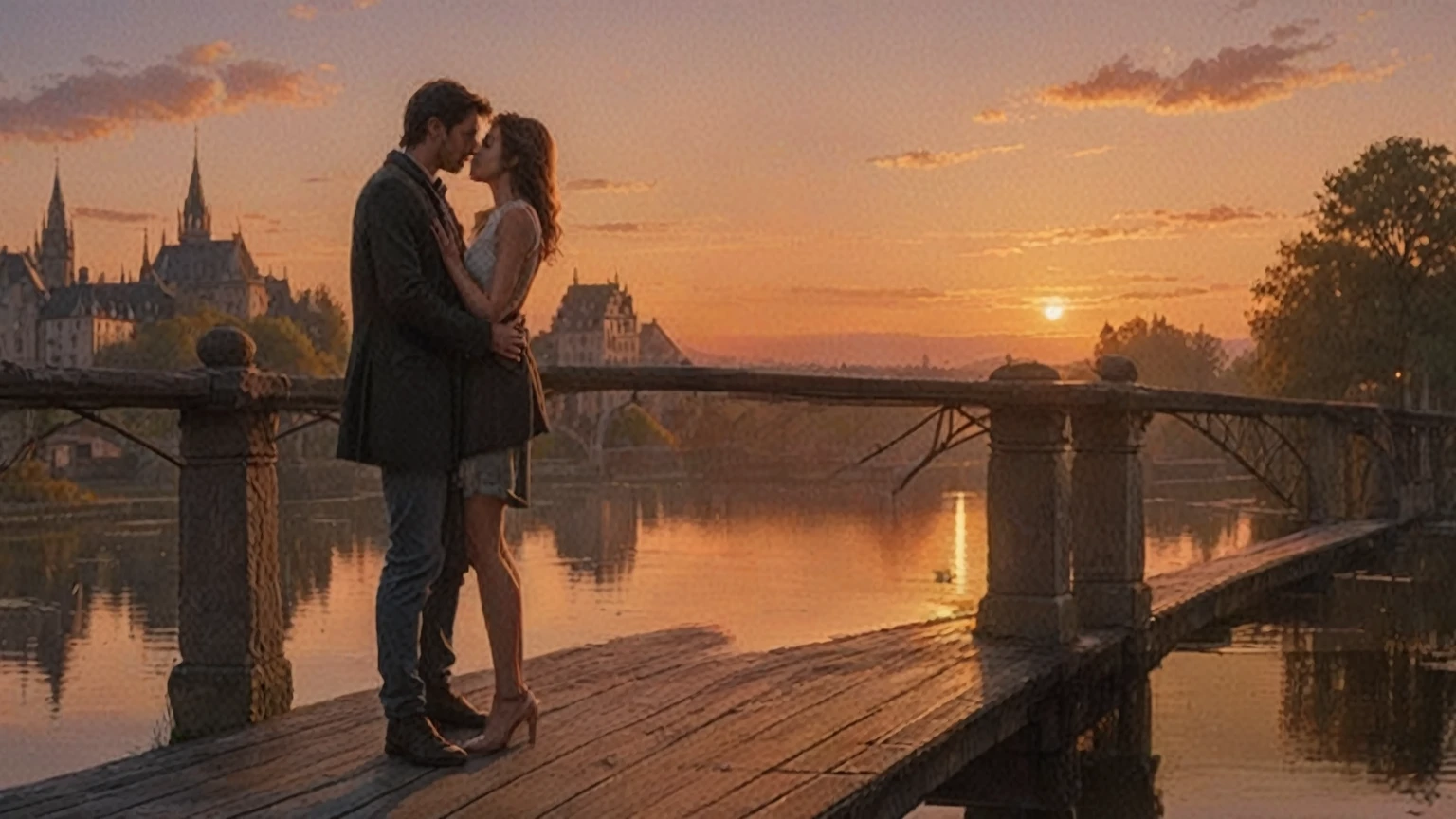 there is a painting of a couple kissing on a bridge, photorealistic movie still, gorgeous romantic sunset, the most beautiful scene, by Alexander Kucharsky, romantic scene, beautiful scene, warm beautiful scene, by John La Gatta, romantic couple, unreal engine ; romantic theme, very realistic film still, cinematic movie still, beautiful cinematography, realistic movie still