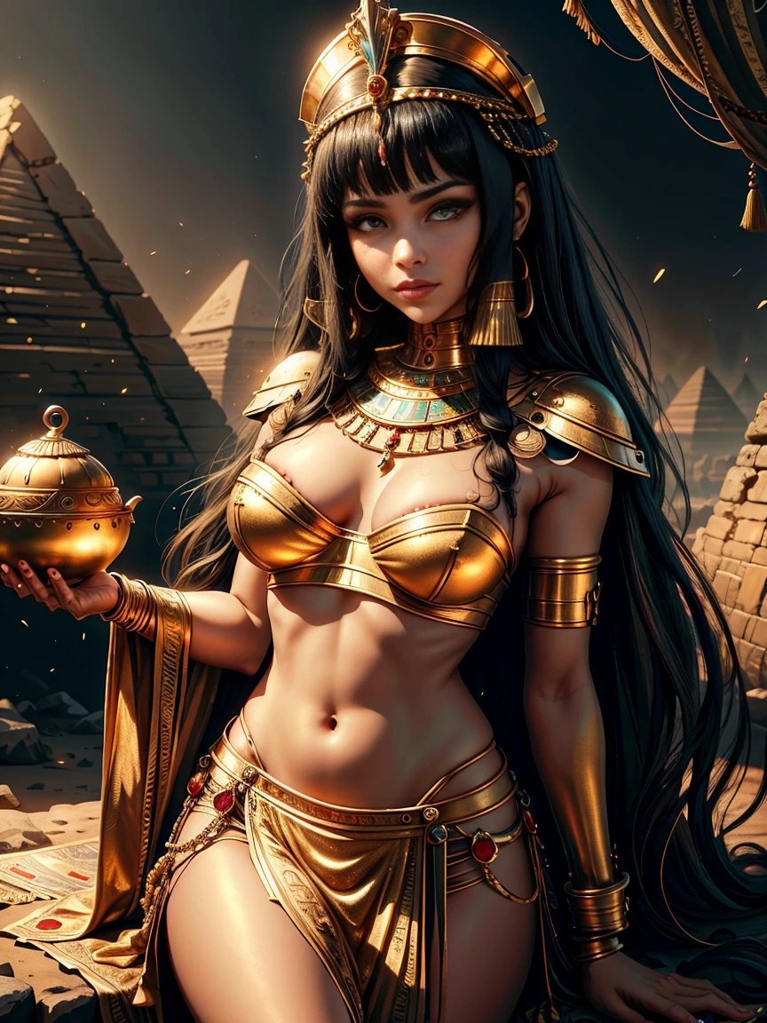 OldEgyptAI, cleopatra, Greeks, queen of Egypt, (Traditional Egyptian Wig), (beautiful detailed face and eyes:1.2), green eyes, black hair, (hair slicked back), bowl cut, light skin, finely detailed skin, medium breasts, (Egyptian costumes rich in gold and jewels), Egypt Dressup, gorgeous skirt, gorgeous gold jeweled necklace, earrings, Golden accessories all over the body, 1girl, solo, best quality, (masterpiece:1.2), high quality, Highres, (hyper detailed), (portrait), photorealistic, 4K, ultra HD, insanely detailed and intricate, high resolution, HDR, extremely detailed CG, f 2.8 lens, detailed background, detailed landscape, (dynamic pose:1.2), (cowboy shot:1.2), Oasis, cinematic lighting, smile, a small pyramid in a distant desert,