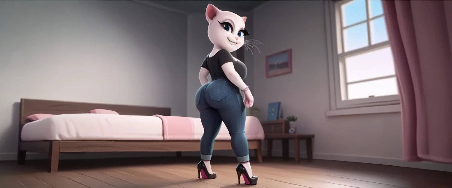 solo focus, a_la, 1girl, cat, white fur, long whiskers on both sides of the face, big bright blue eyes, big black eyelashes, gothic, big ass, big breasts, pink nose, triangular ears with pink channels, black hair, high heels, black jeans, black T-shirt. side view. in bed, happy smile, at home, looking back.Score_9, Score_8_up, Score_7_