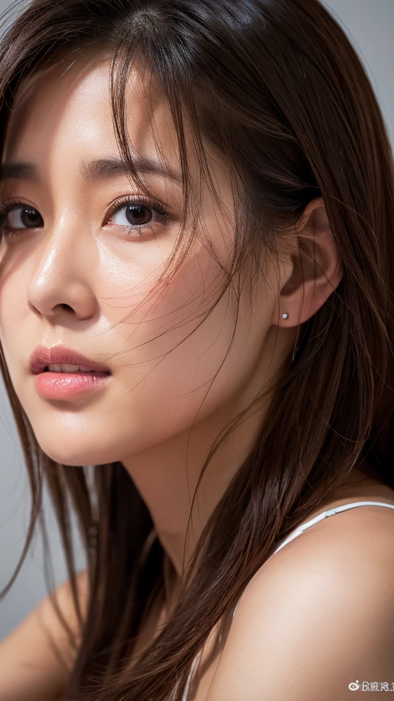 (realistic、High resolution:1.3)、There's only one American girl with a perfect figure、super thin face and eyes、long hair、Tank top、at the cafe、coffee on the table、C cup、Wearing a gray hoodie