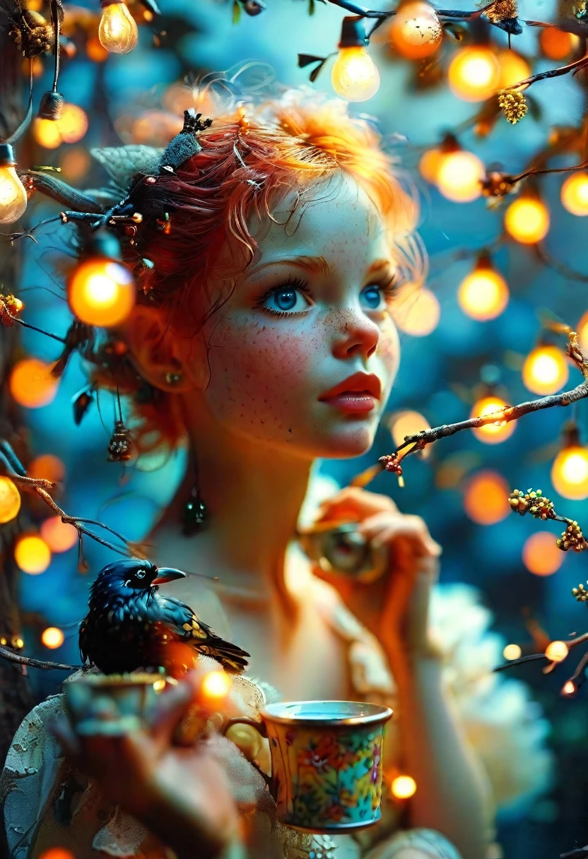 holding a morning coffee. eyeballs, closeup, sitting on a branch tiny pixie redhead beautiful girl perfect sun face vintage fairy lights, neon glowing ghosts, lights, little fluffy raven, moon, fluffy little crow, detailed skin texture, otherworldly halo, glowing eyes road by Ceccoli, Burton fog Rockwell Disney, Royo, Vallejo Craola, by Carl Rungius | Ivan Rabuzin | Ed Emshwiller] cinematography, 8k, high detail, complex, complex pose, high quality, centered, perfect composition --ar 3:4
