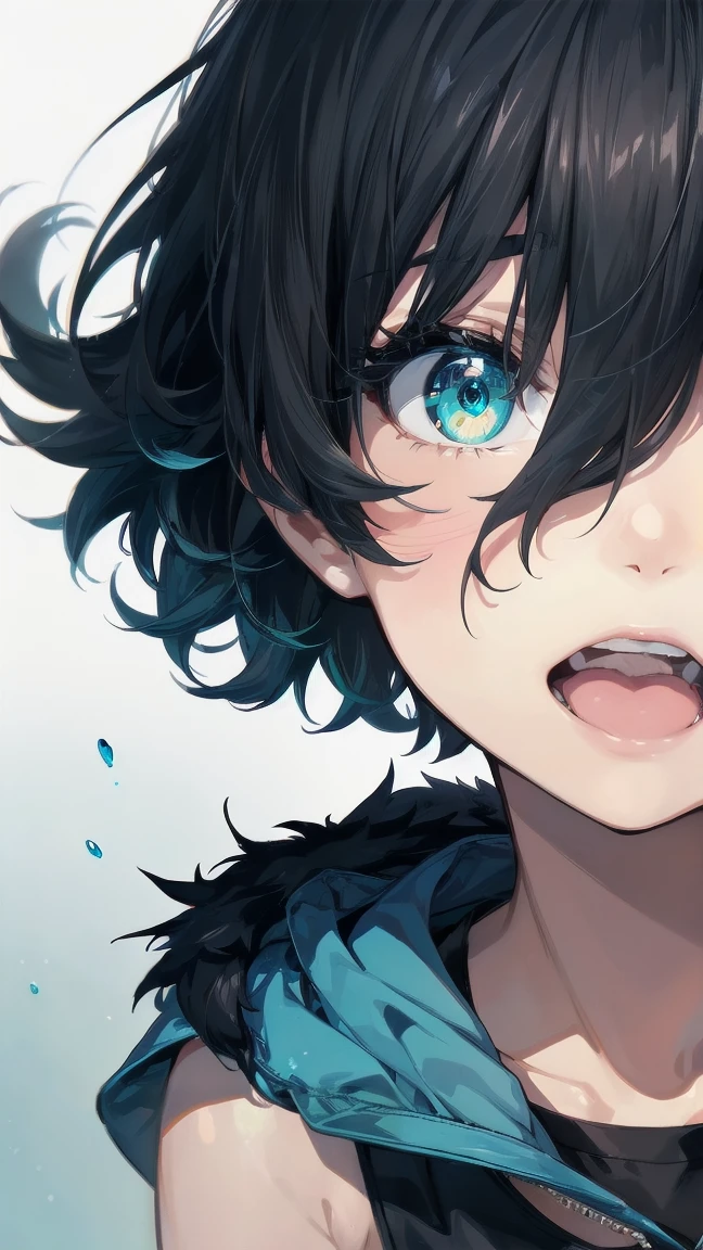 Close-up of a cartoon girl with blue hair and a yellow shirt, 2D Animation, 2D Animation style, 2D Art, 2D Art, 2D from Gorillaz, 2D from Gorillaz, 2D Gorillaz, Screaming Cerket, 2D Sprites, Jinx Face, short hair, Small breasts, hot pants, ((Black Hair, Bright blue fur inside:1.4))