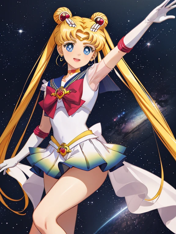 Masterpiece, The best quality, nothing, Manager 1, 1 girl, only, Uniforme Sailor Senshi, Sailor Moon, Usagi Tsukino, rubio, Magical Girl, blue eyes, white panties, red neckerchief, elbow gloves, tiara, blue skirt, pleated skirt, Mini Skirt, choker, white gloves, jewely, earrings, They are smiling, The background is space (excellent detail, Excellent lighting, wide angle), Mini Skirt, , ((showing legs)), sin panties