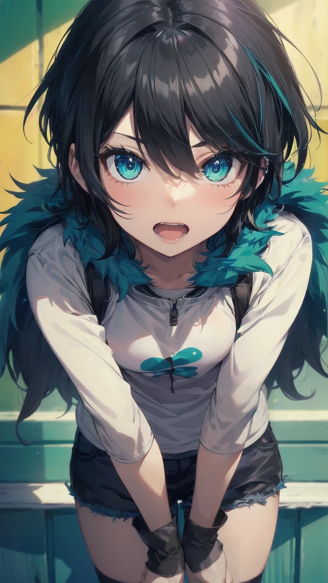 Close-up of a cartoon girl with blue hair and a yellow shirt, 2D Animation, 2D Animation style, 2D Art, 2D Art, 2D from Gorillaz, 2D from Gorillaz, 2D Gorillaz, Screaming Cerket, 2D Sprites, Jinx Face, short hair, Small breasts, hot pants, ((Black Hair, Bright blue fur inside:1.4))