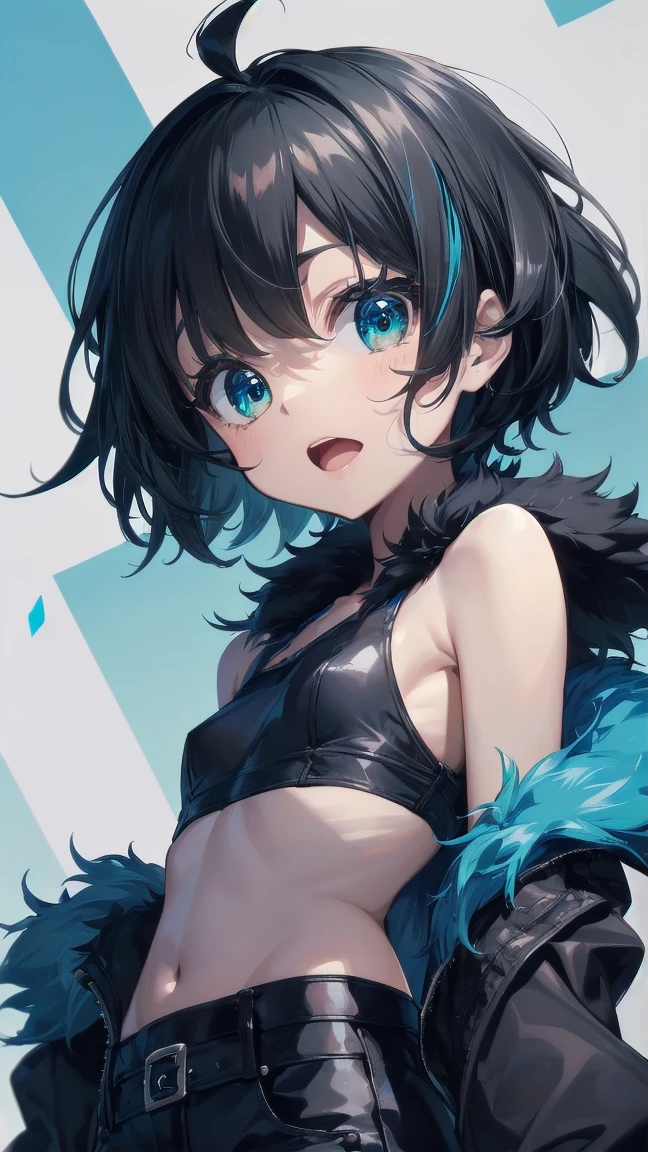 Close-up of a cartoon girl with blue hair and a yellow shirt, 2D Animation, 2D Animation style, 2D Art, 2D Art, 2D from Gorillaz, 2D from Gorillaz, 2D Gorillaz, Screaming Cerket, 2D Sprites, Jinx Face, short hair, Small breasts, hot pants, ((Black Hair, Bright blue fur inside:1.4))