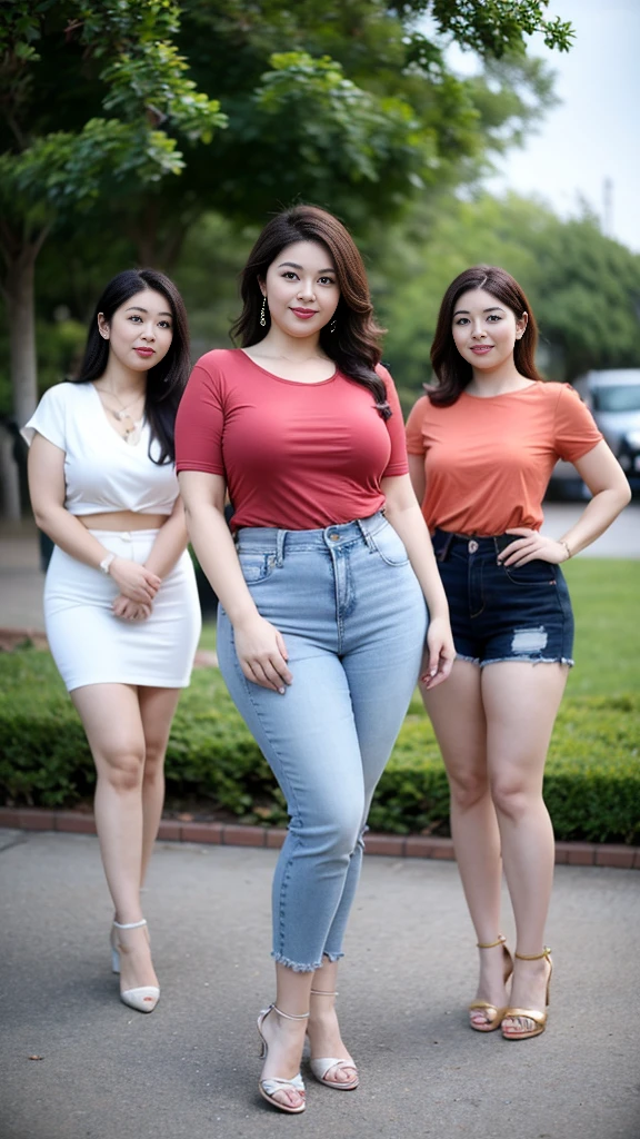 Four twin sisters，Fat woman  ((best quality)), ((masterpiece)), (detailed), Oval face, Wearing a green sports T-shirt and skirt, The other person is wearing a red loose shirt and jeans, Thin waist and thick hips,  Soft curves, hyperPractical full figure, Wearing a cute top, Long legs,,thickness, Four beautiful plump women, Four curvy female targets，Clear curve details, Curvy hourglass figure, Charming plus size models, bbw酱, full image, Surface Model, Curvy body, （full-body shot）blush, 1girll fat , Golden Ratio,(White and tender skin:),High quality background, HD, Practical, HDR. pedestrian mall，Skin as white as paper，High heel，Beach，coconut tree