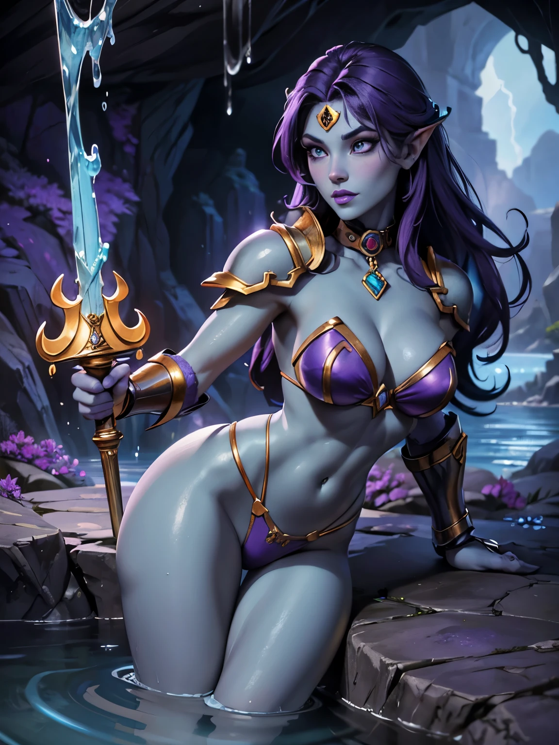 super quality, beautiful detail, super detailed, extra fine, 16K, exquisite, absurd, high resolution, masters of the universe. a (blue skinned, blue skin:1.2) female warrior, She has long dark purple colored hair with lots of volume and wears (purple bikini armor, armored collar and shoulder pads:1.3), gold trim. (detailed face, detailed eyes) (best quality,4k,8k,highres,masterpiece, colorful, vibrant colors:1.2) , long eyelashes, ((detailed lips)), narrow eyes, lavender colored eyes. Good hands, detailed hands. Cave interior background. Show her wading through water, in a dark cave with green stone walls, water pours down the walls, bright lichen grows on the stones. The fin of a large fish sticks out of the water.  Tentacles stick out of the water. (No visible sky)