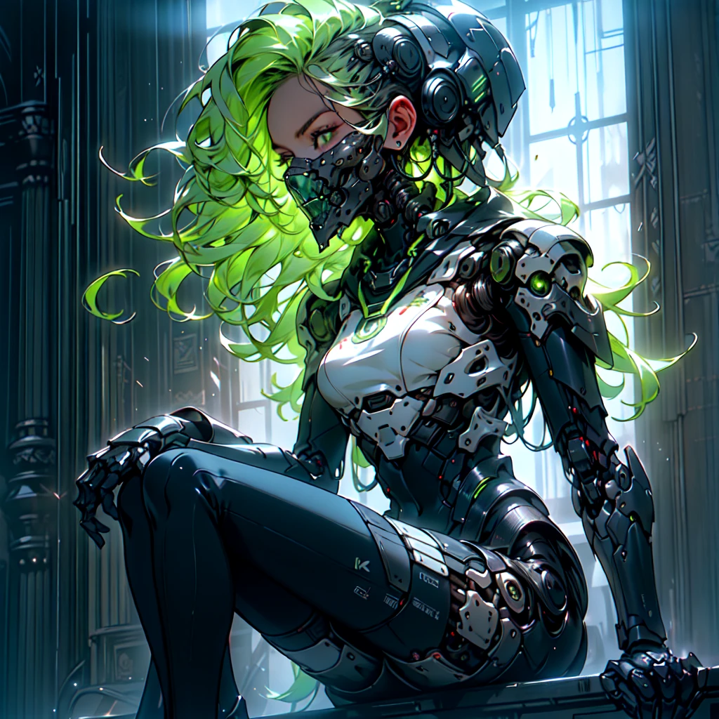 a girl with dark green hair, long hair in three braids, sitting in a library, robot eyes, armored cyborg, masterpiece, best quality, (best quality,4k,8k,highres,masterpiece:1.2),ultra-detailed,(realistic,photorealistic,photo-realistic:1.37),intricate details, cinematic lighting, dark moody atmosphere, rich colors, dramatic composition