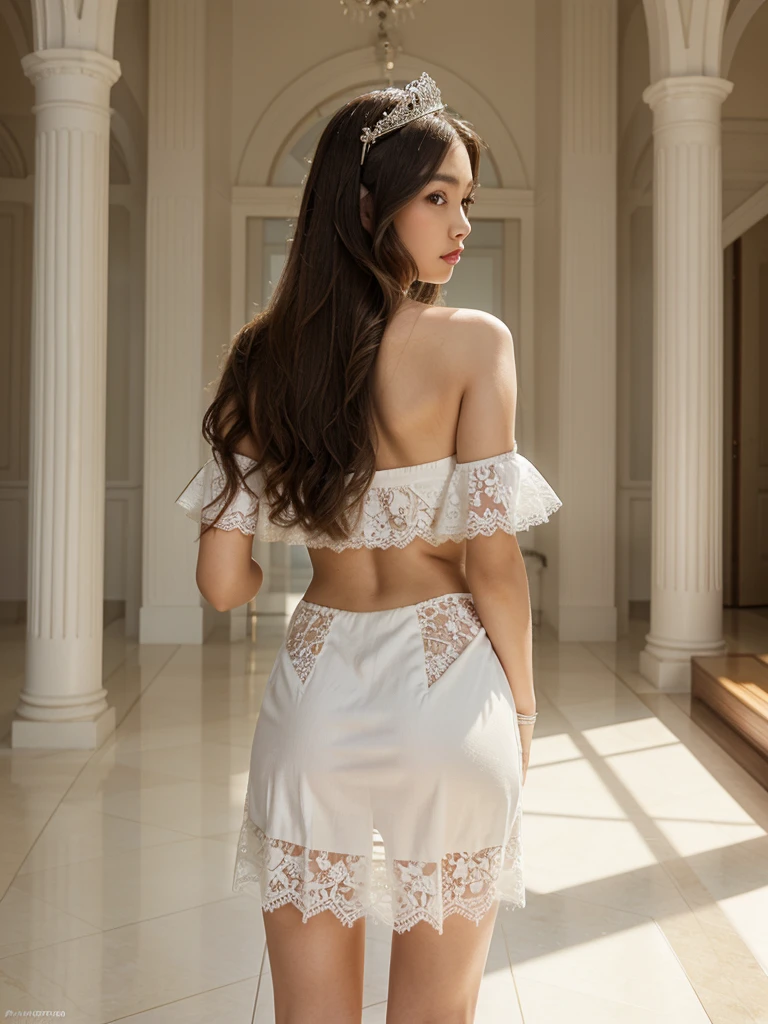 Full body shot, a beautiful Taiwanese woman standing with her back to the camera, wearing a long white Tiara dans player on her long brown hair, wearing a white lace dress, confident appearance, red lipstick, perfectly symmetrical eyes, digital graphics, sharp focus, perfect composition, high-quality modeling and clarity, perfect play of light and shadow, best quality, 8k, highly detailed, photorealistic, masterpiece