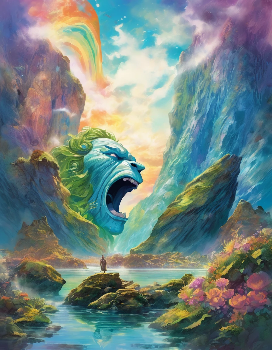 In the center of the scene A a blue jacket man walk into a rock Titan open mouth, behemoth rock and gold Titan bust, with mouth open resting in the center of a water mirror, the Titan head has moss-vegetaion and flowers. thick wavy Brush strokes, Digital illustration. brush strokes, watercolor, pastel color palette, golden rays and beautiful landscape, surreal phychadelic art, dreamy atmosphere, rainbow waves, oniric Theme, Peaceful environment, close up