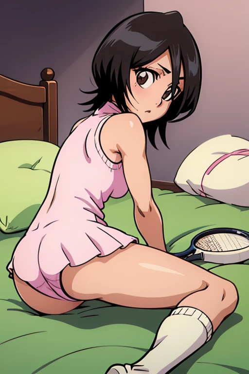tennis girl's massive rear butt cheeks out of bottomless slutty mini sweater out bare and brown boots, showing her butt, lying down, on bed, wearing oven mittens under big pillow, blindfold