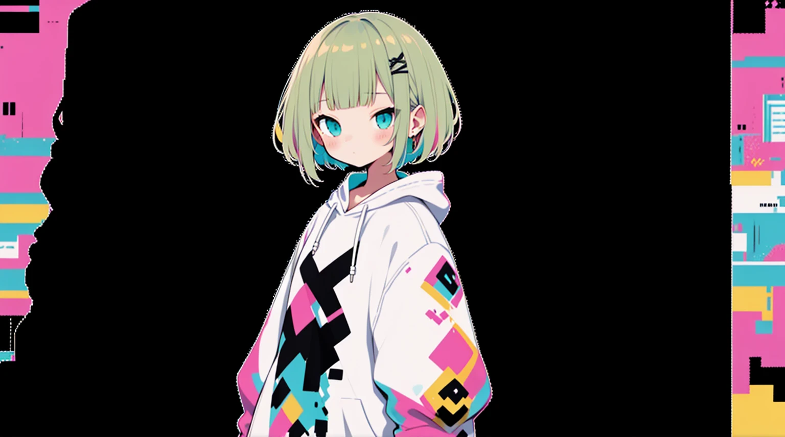 An unprecedented number of draws、Blonde、Pink hoodie、high quality、Colorful color palette、high resolution、pretty girl、 Pink hoodie、An unprecedented number of draws、Anime Style、Geometric background、Sticker Style、short hair、Blonde、Turquoise Eyes, Messy Hair, Pink hoodie、Cat ears of the same color as the hair、front, Hands posing, Until death, Bondage, Baggy clothes
