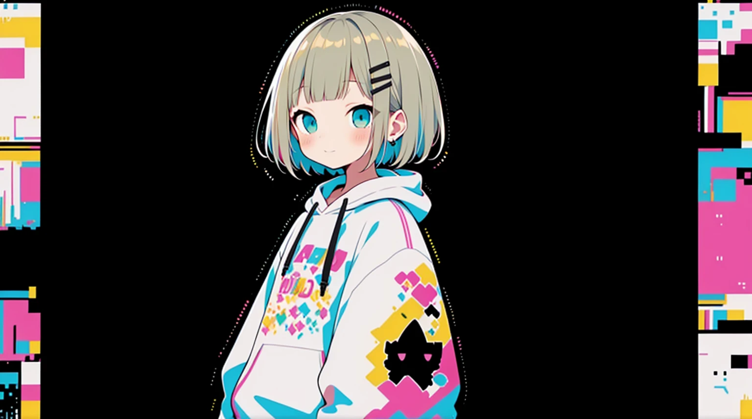 An unprecedented number of draws、Blonde、Pink hoodie、high quality、Colorful color palette、high resolution、pretty girl、 Pink hoodie、An unprecedented number of draws、Anime Style、Geometric background、Sticker Style、short hair、Blonde、Turquoise Eyes, Messy Hair, Pink hoodie、Cat ears of the same color as the hair、front, Hands posing, Until , Bondage, Baggy clothes