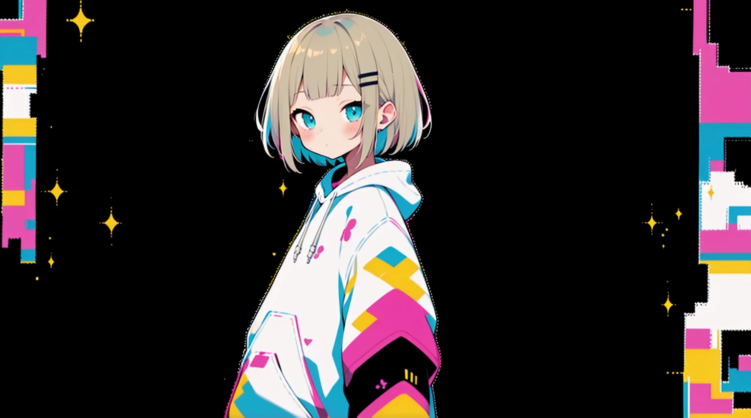 An unprecedented number of draws、Blonde、Pink hoodie、high quality、Colorful color palette、high resolution、pretty girl、 Pink hoodie、An unprecedented number of draws、Anime Style、Geometric background、Sticker Style、short hair、Blonde、Turquoise Eyes, Messy Hair, Pink hoodie、Cat ears of the same color as the hair、front, Hands posing, Until death, Bondage, Baggy clothes