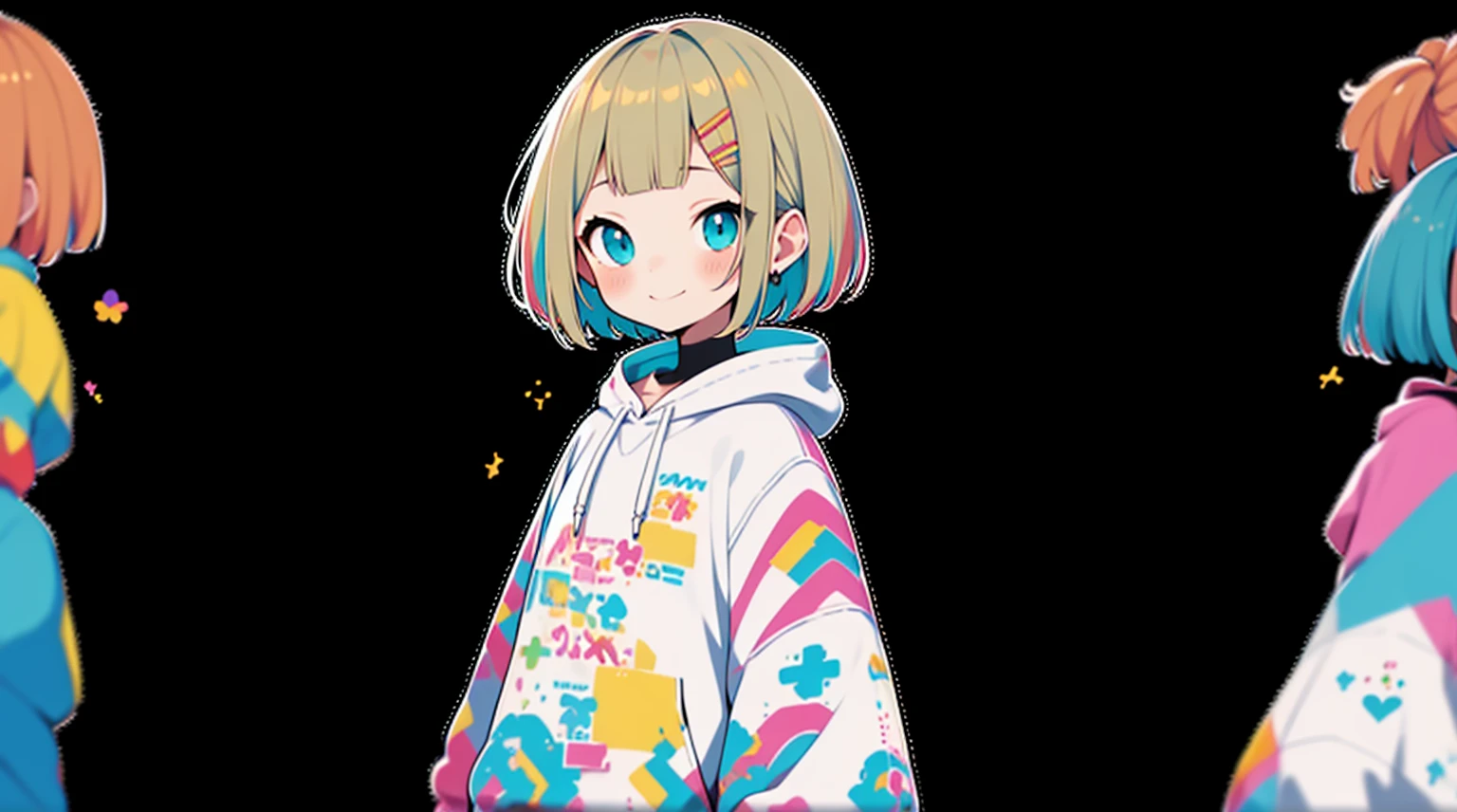 An unprecedented number of draws、Blonde、Pink hoodie、high quality、Colorful color palette、high resolution、pretty girl、 Pink hoodie、An unprecedented number of draws、Anime Style、Geometric background、Sticker Style、short hair、Blonde、Turquoise Eyes, Messy Hair, Pink hoodie、Cat ears of the same color as the hair、front, Hands posing, Until death, Bondage, Baggy clothes