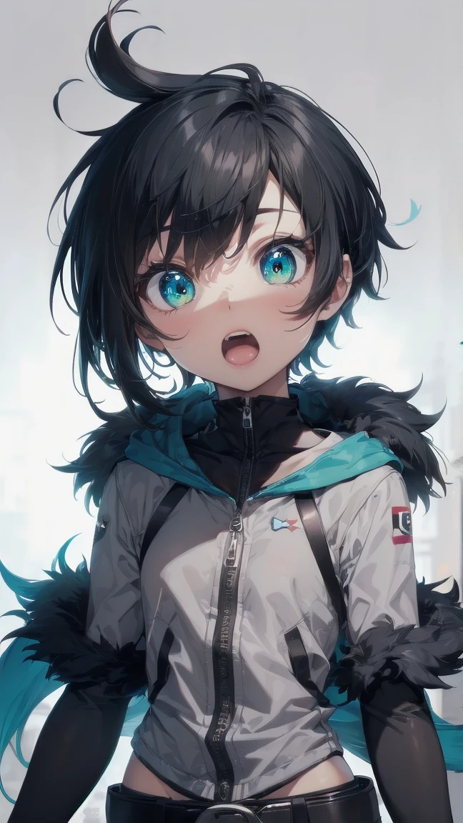 Close-up of a cartoon girl with blue hair and a yellow shirt, 2D Animation, 2D Animation style, 2D Art, 2D Art, 2D from Gorillaz, 2D from Gorillaz, 2D Gorillaz, Screaming Cerket, 2D Sprites, Jinx Face, short hair, Small breasts, hot pants, ((Black Hair, Bright blue fur inside:1.4))
