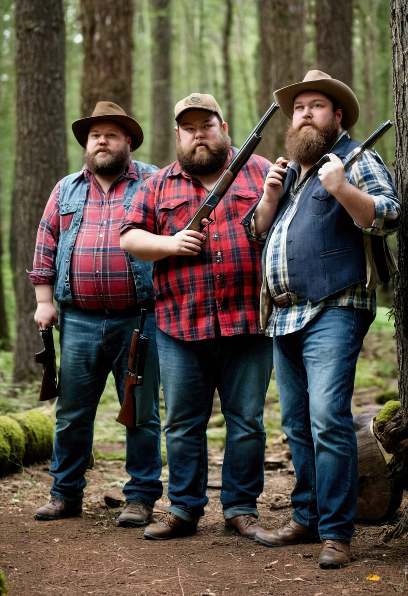 group of fat and bearded men, with hats, plaid shirt, jeans and shotguns in the forest