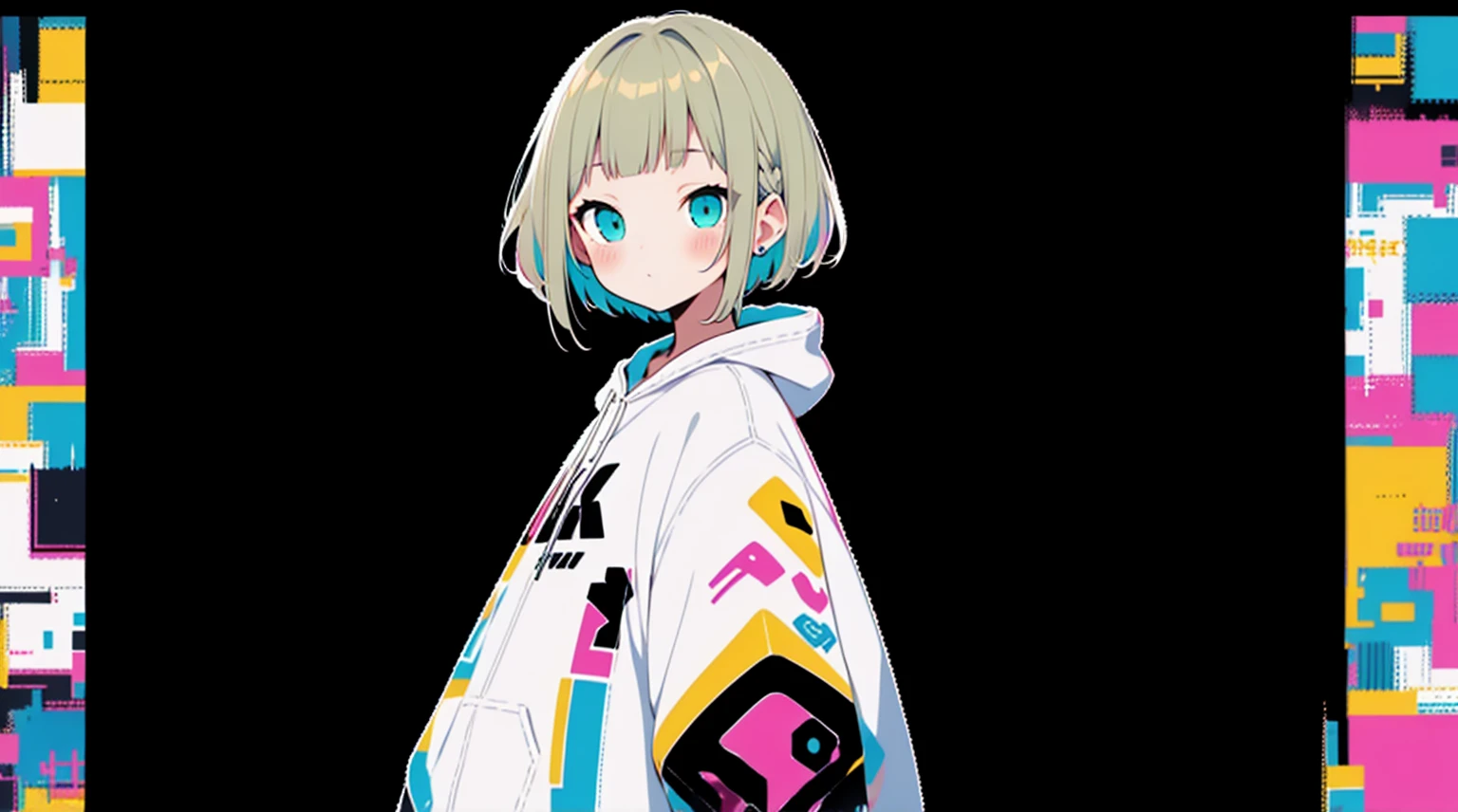 An unprecedented number of draws、Blonde、Pink hoodie、high quality、Colorful color palette、high resolution、pretty girl、 Pink hoodie、An unprecedented number of draws、Anime Style、Geometric background、Sticker Style、short hair、Blonde、Turquoise Eyes, Messy Hair, Pink hoodie、Cat ears of the same color as the hair、front, Hands posing, Until death, Bondage, Baggy clothes