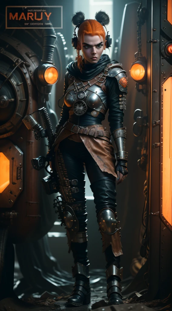 (((mulher))), (((melhor qualidade))), (((obra prima))), (((adulto))), A highly detailed and realistic skull girl,( Anya. Taylor Joy) cyberpunk character, mad max furiosa, one hand robot, cyborg arm, orange hair, dramatic metal heavy rock theme, best quality, 8k, hyperrealistic, photorealistic, extreme detailed painting, studio lighting, vivid colors, dark moody atmosphere, cinematic, dramatic pose, intricate mechanical details, glowing energy effects, intense gritty textures, seamless integration of organic and inorganic elements. Wearing the used clothes of a wastelander. Background: An apocalyptic wasteland. Dusty and depressing.
