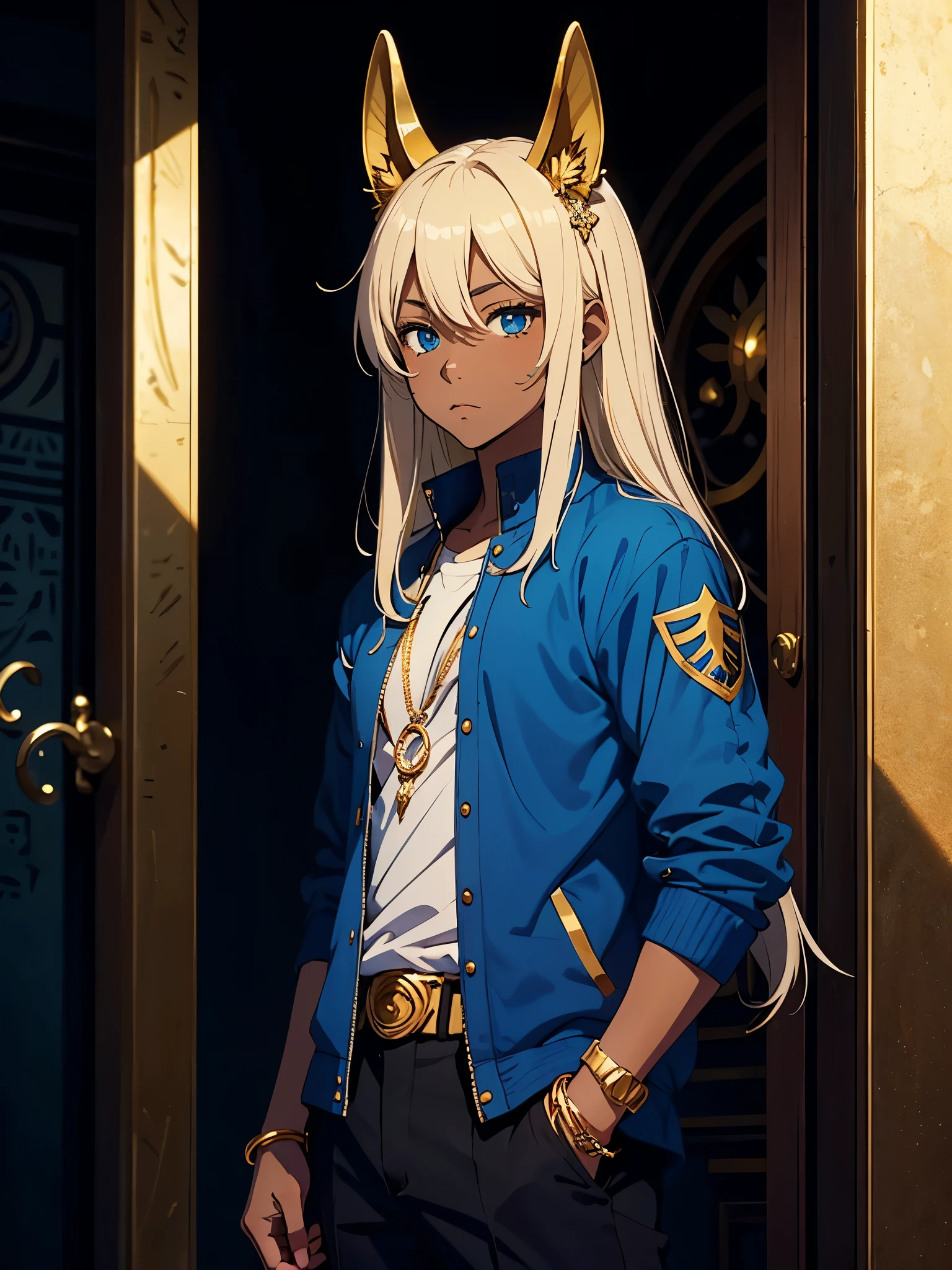 More anime style. cutie pie. アニメ! . Egyptian deity Anubis. Egyptian blue clothing. Blue clothes.  long blond hair. Lots of gold jewelry. dark skin. Egyptian. dazzling blue eyes. mystical. divine.