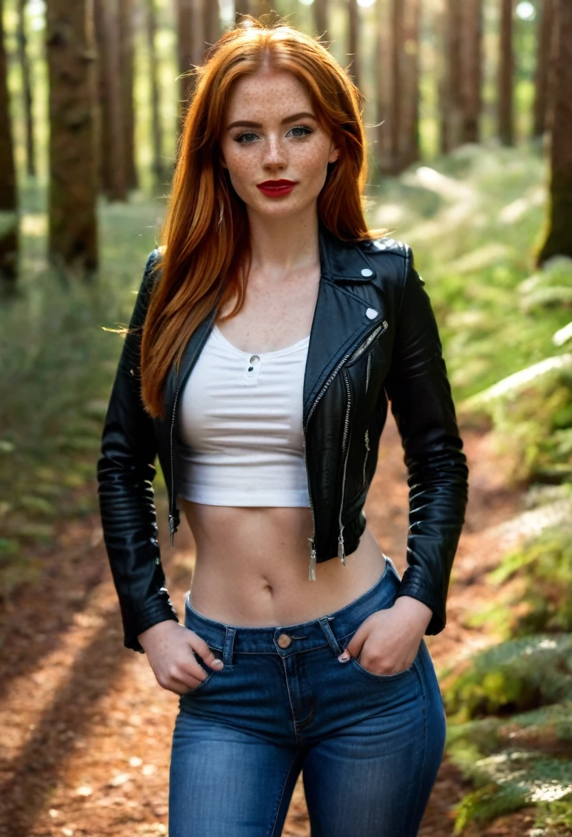 realistic, 8k, beautiful ginger haired woman, long hair, 20 years old, freckles, slim, cute face, blue, detailed eyes, thin eyebrows, medium breasts, pert breasts, wearing open black leather jacket, black pvc crop top, black pvc shorts, red lipstick, in forest, sunlight, full body shot, detailed face, detailed eyes