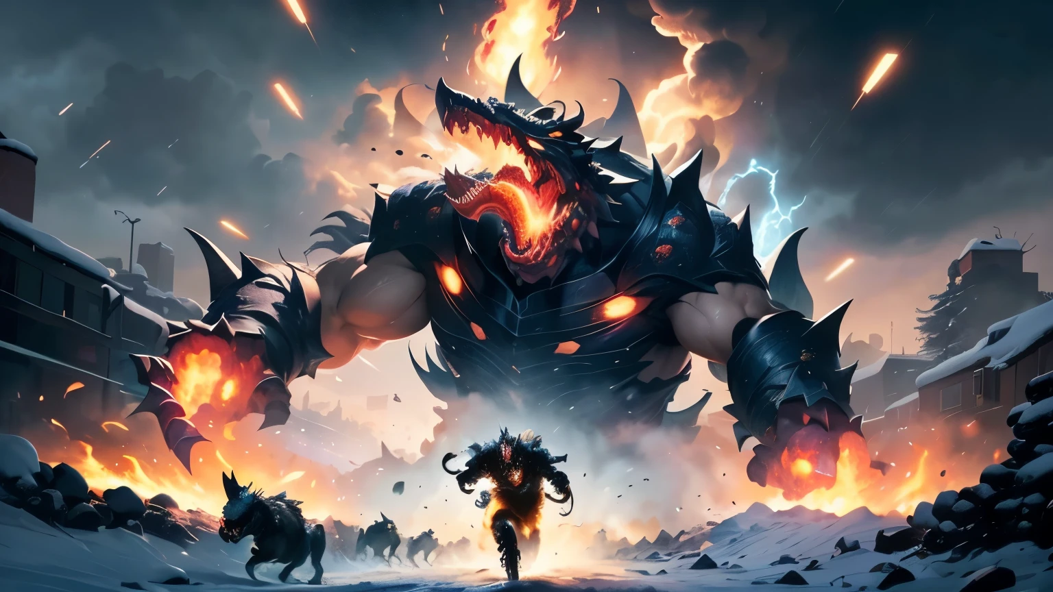 ((best quality)), ((masterpiece)), (detailed), An illustration of a chaotic scene with silhouette of monsters running in panic, a snow storm, earthquake, and complete dark in the background