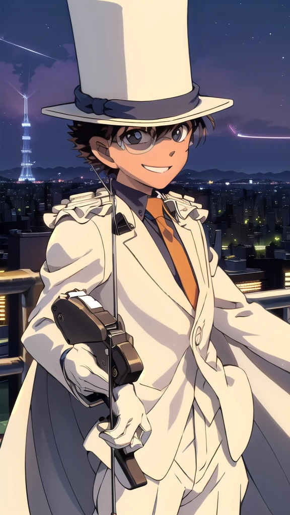 masterpiece,Highest quality,High resolution,One boy,alone,1990s \(style\),Despicable Kid,glasses,Top Hat,White suit,Red tie,White gloves,White Cape,night,Outdoor,Tokyo Tower,City lights,White pistol,Have a weapon,Cowboy Shot,Wicked Smile,