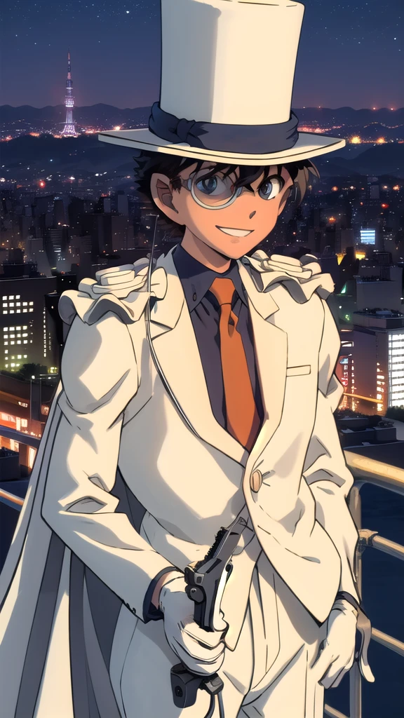 masterpiece,Highest quality,High resolution,One boy,alone,1990s \(style\),Despicable Kid,glasses,Top Hat,White suit,Red tie,White gloves,White Cape,night,Outdoor,Tokyo Tower,City lights,White pistol,Have a weapon,Cowboy Shot,Wicked Smile,