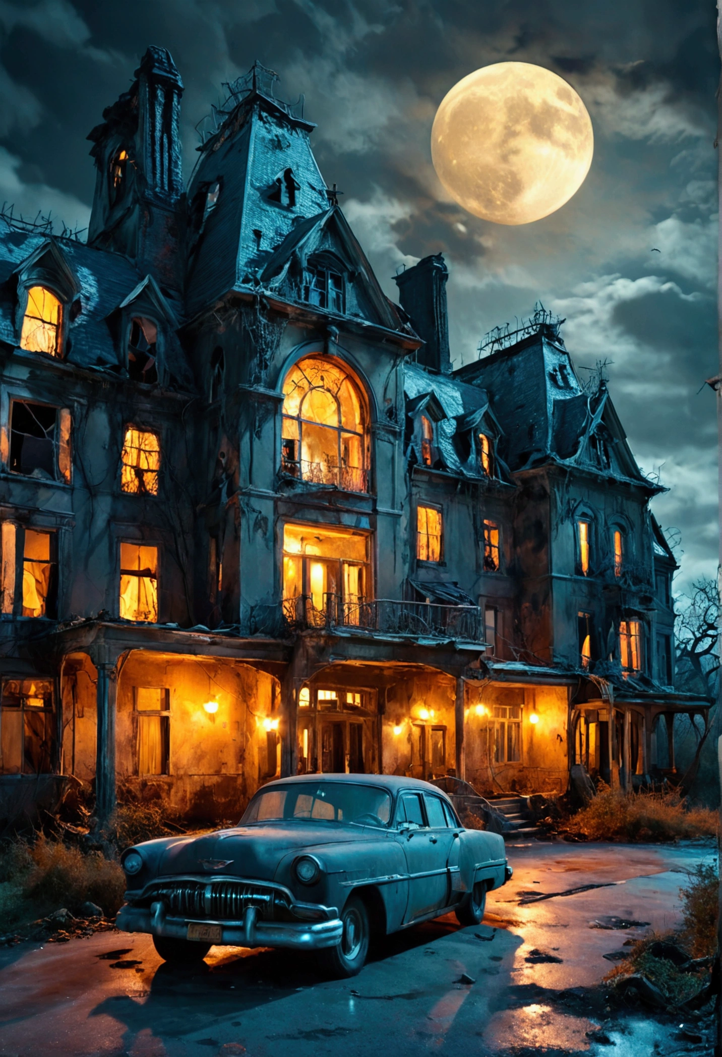 Create an image of a haunted-looking hotel with a spooky, decrepit appearance. The hotel is large and old, with cracked walls, broken windows, and an overall eerie, abandoned look. Dim, flickering lights can be seen through some of the windows, adding to the unsettling atmosphere. A vintage car is parked in front of the hotel, its headlights casting long, eerie shadows on the ground. The scene is set at night, with a full moon partially obscured by clouds, casting a pale glow over the scene. The overall atmosphere is one of dread and mystery, reminiscent of a classic horror movie