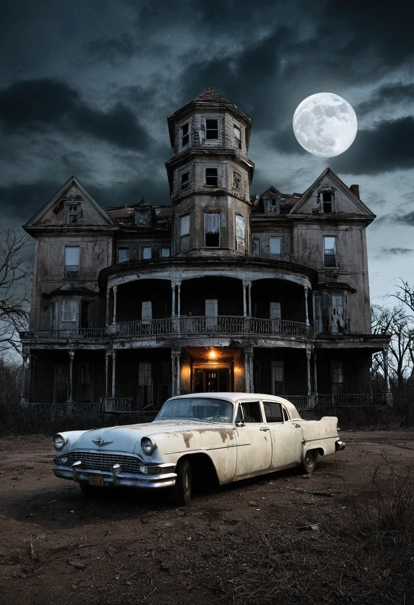 Create an image of a haunted-looking hotel with a spooky, decrepit appearance. The hotel is large and old, with cracked walls, broken windows, and an overall eerie, abandoned look. Dim, flickering lights can be seen through some of the windows, adding to the unsettling atmosphere. A vintage car is parked in front of the hotel, its headlights casting long, eerie shadows on the ground. The scene is set at night, with a full moon partially obscured by clouds, casting a pale glow over the scene. The overall atmosphere is one of dread and mystery, reminiscent of a classic horror movie